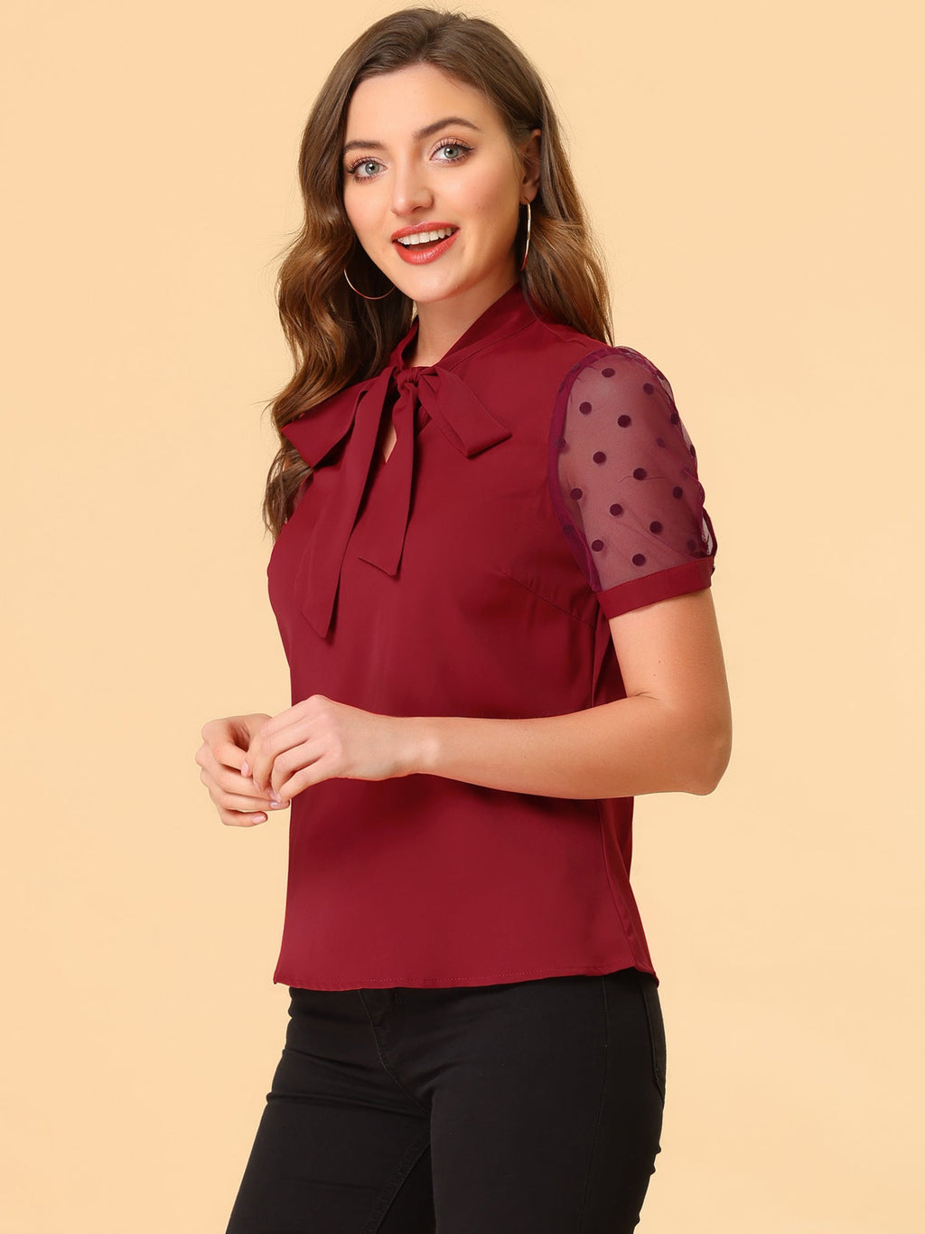 Mesh Sleeve Bow Tie Blouse
