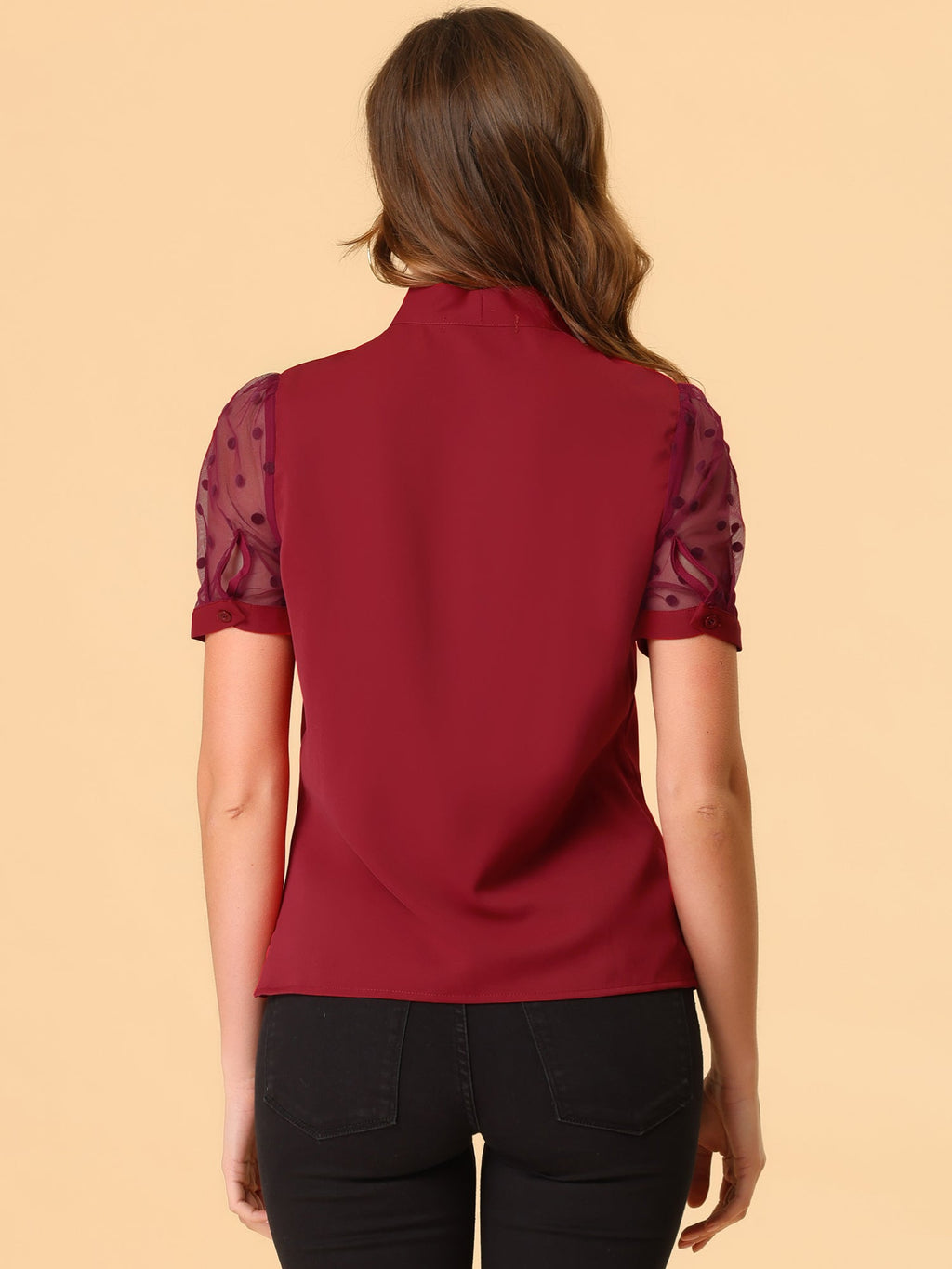 Mesh Sleeve Bow Tie Blouse