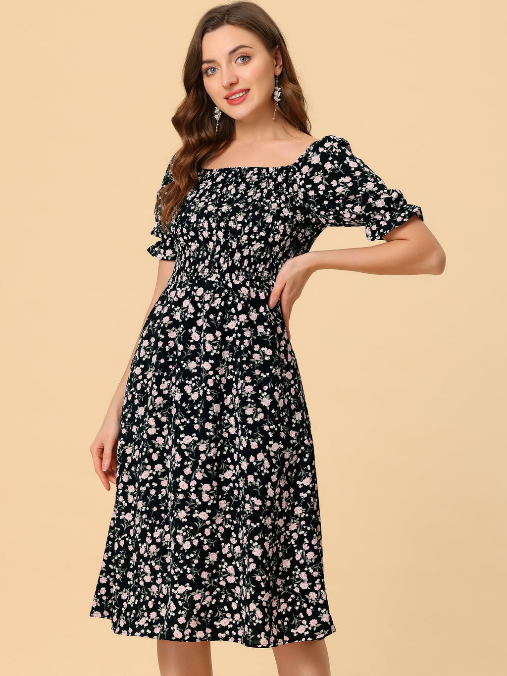 Smocked Floral Square Neck Dress