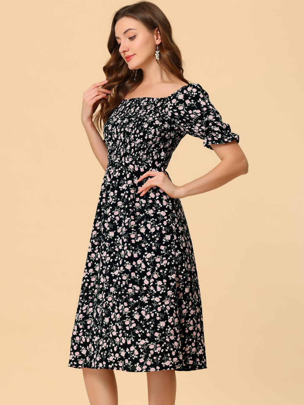 Smocked Floral Square Neck Dress