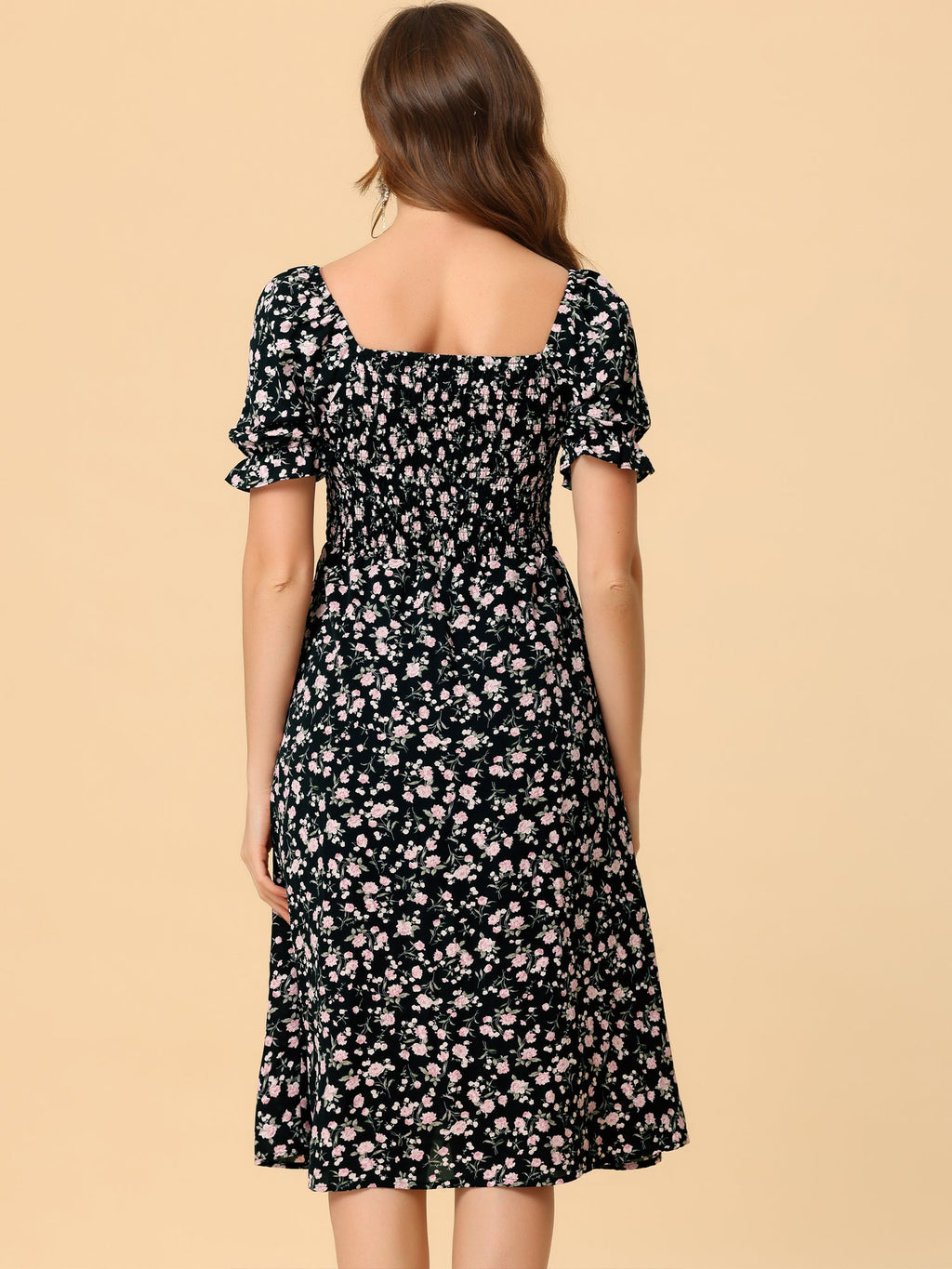 Smocked Floral Square Neck Dress