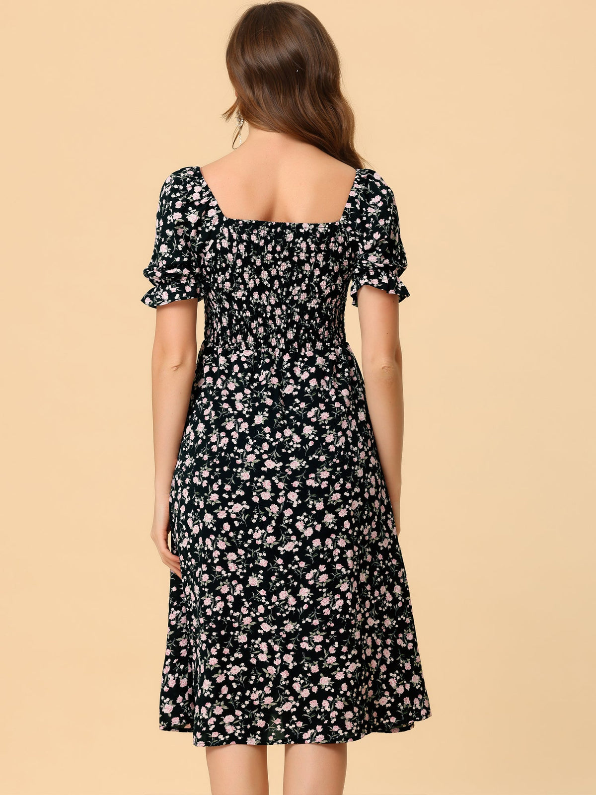 Smocked Floral Square Neck Dress