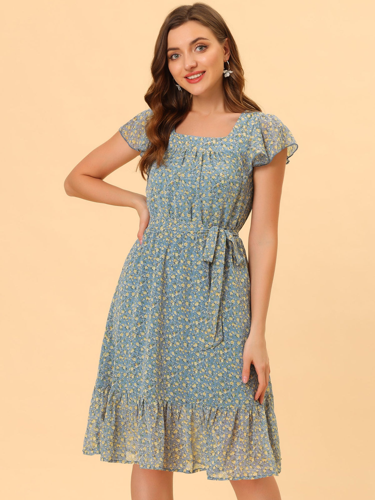 Square Neck Flutter Floral Dress