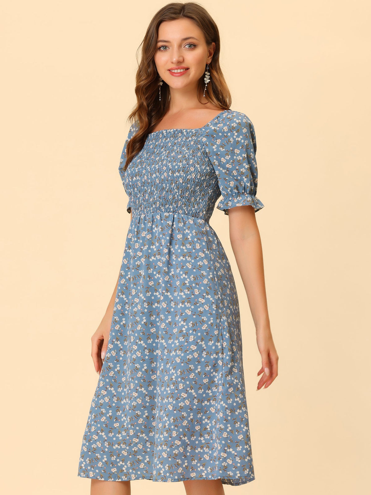 Smocked Floral Square Neck Dress