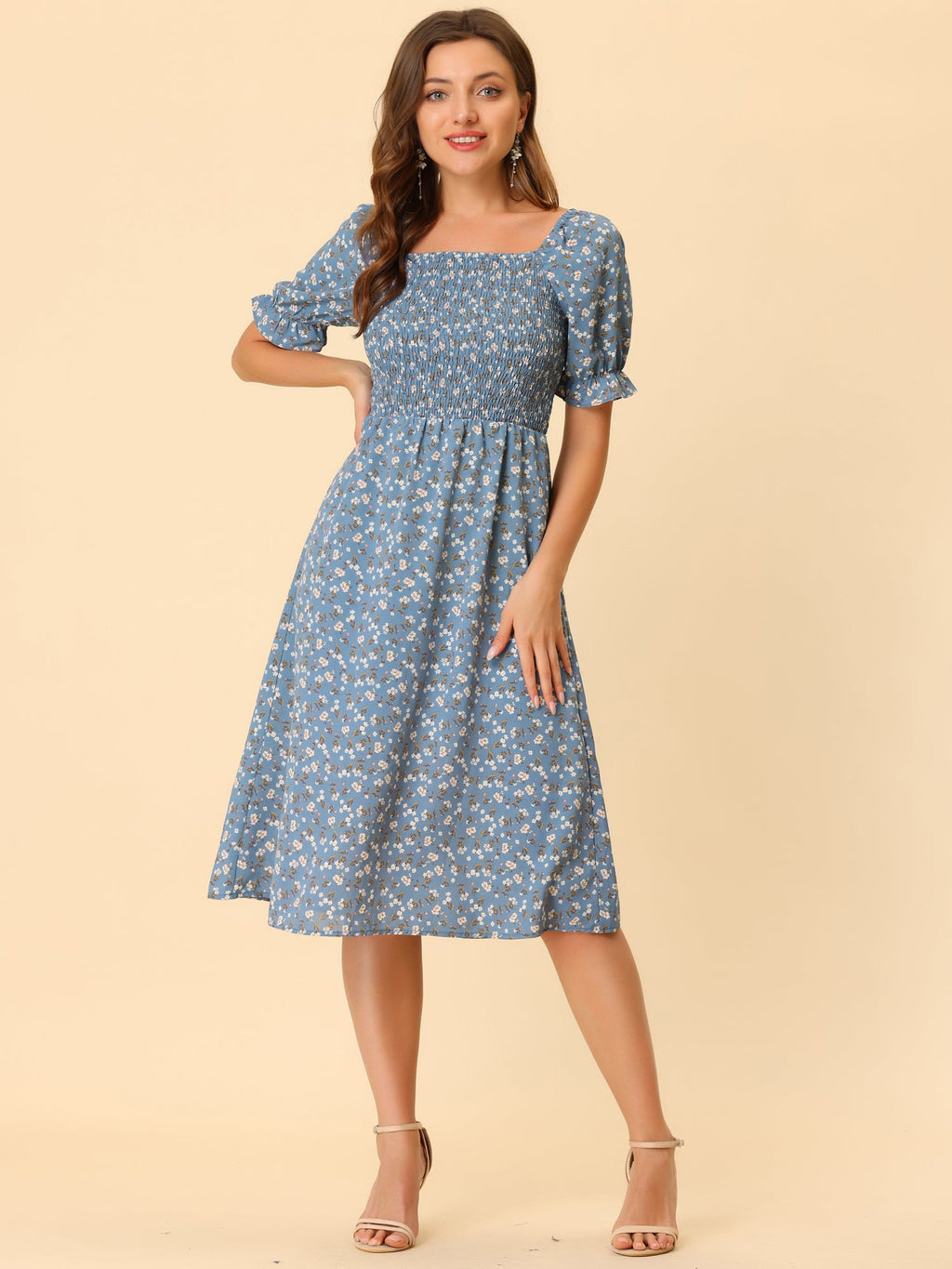 Smocked Floral Square Neck Dress