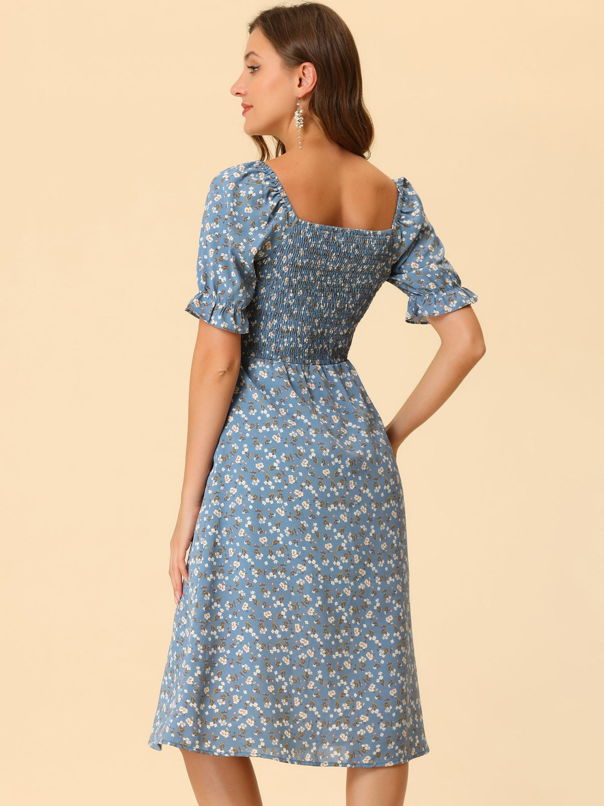 Smocked Floral Square Neck Dress