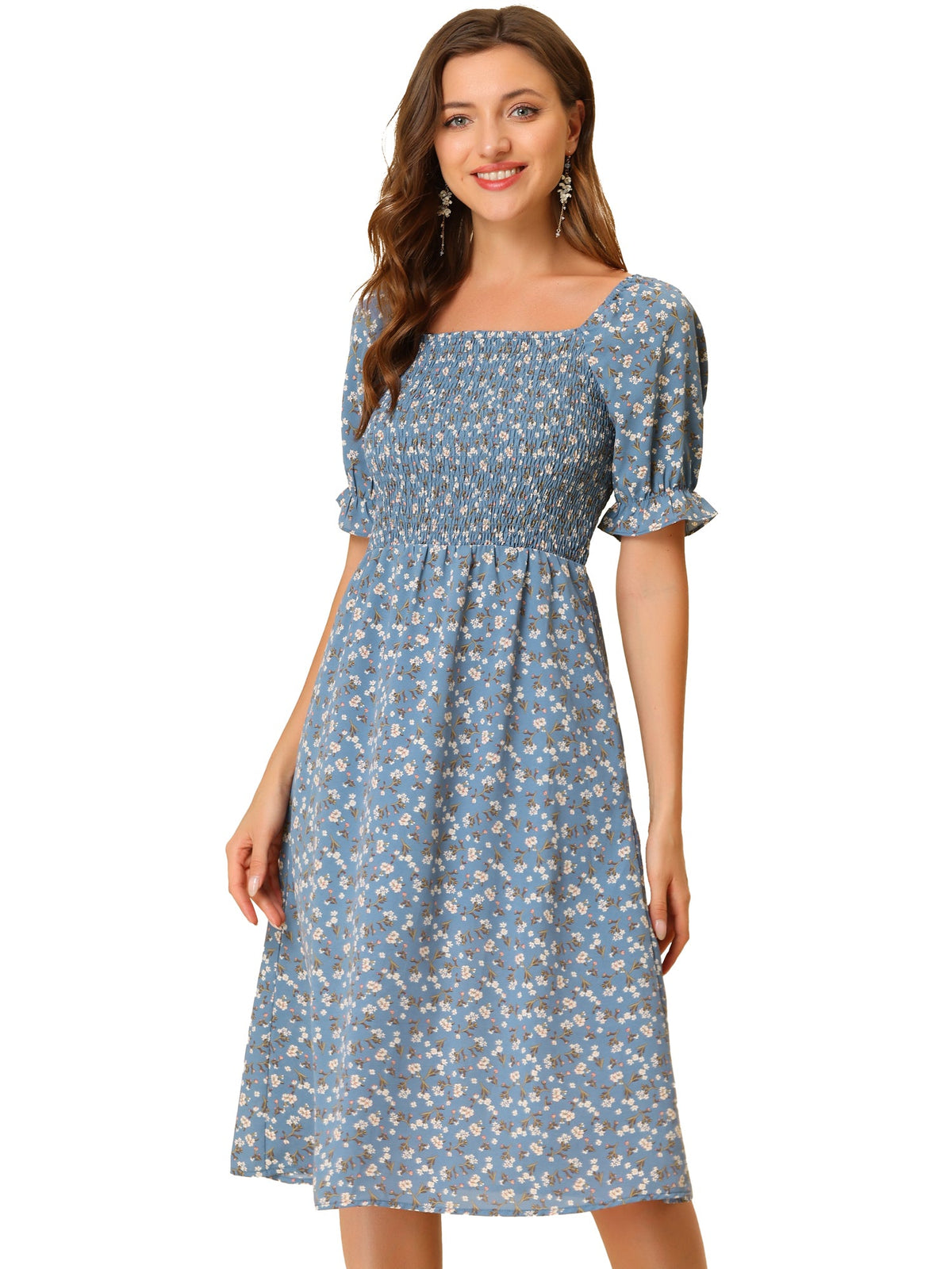 Smocked Floral Square Neck Dress