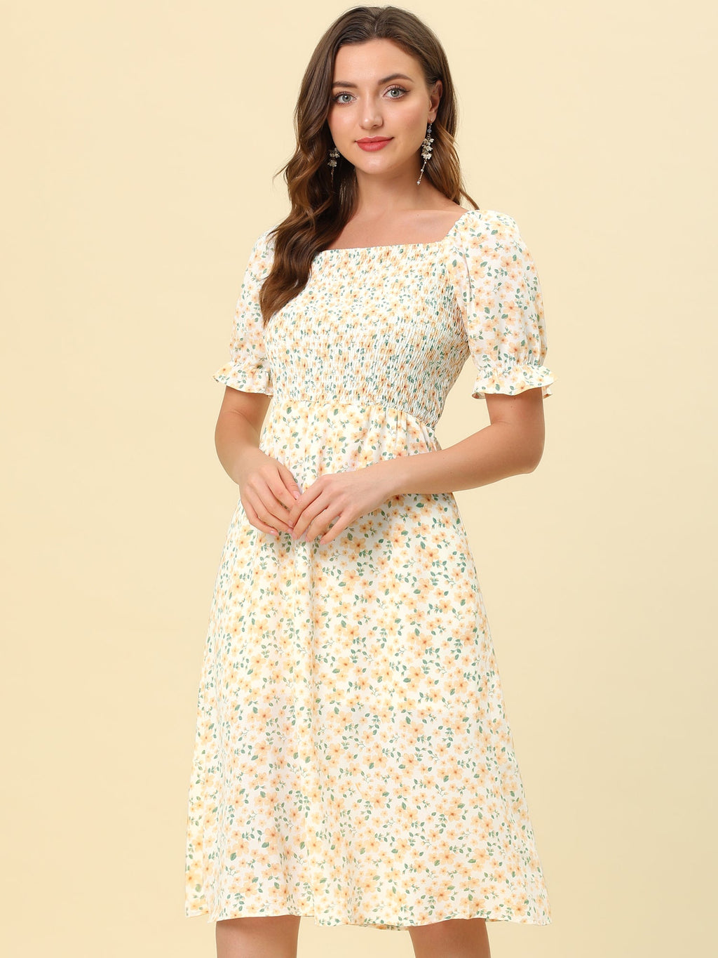 Smocked Floral Square Neck Dress