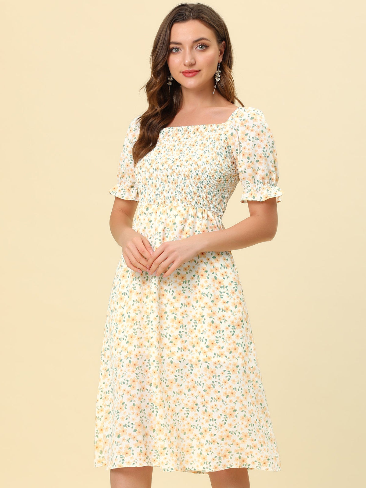 Smocked Floral Square Neck Dress