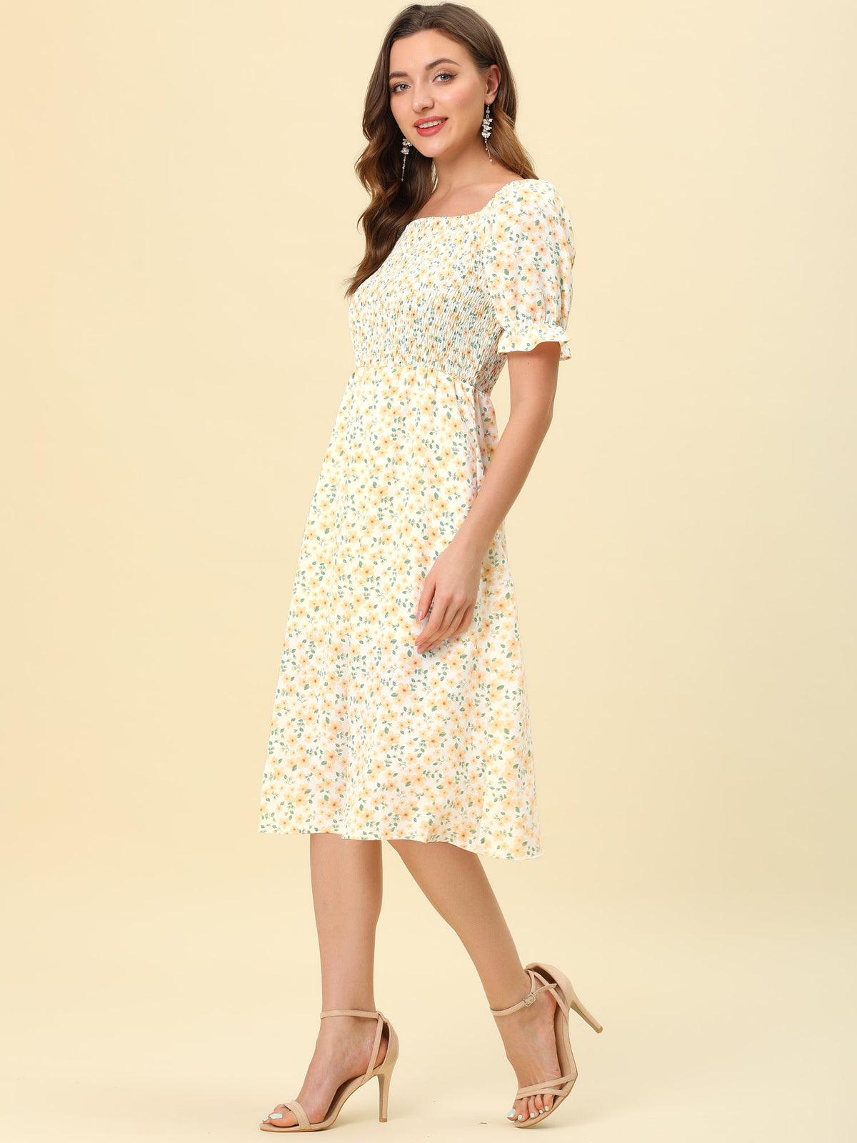 Smocked Floral Square Neck Dress