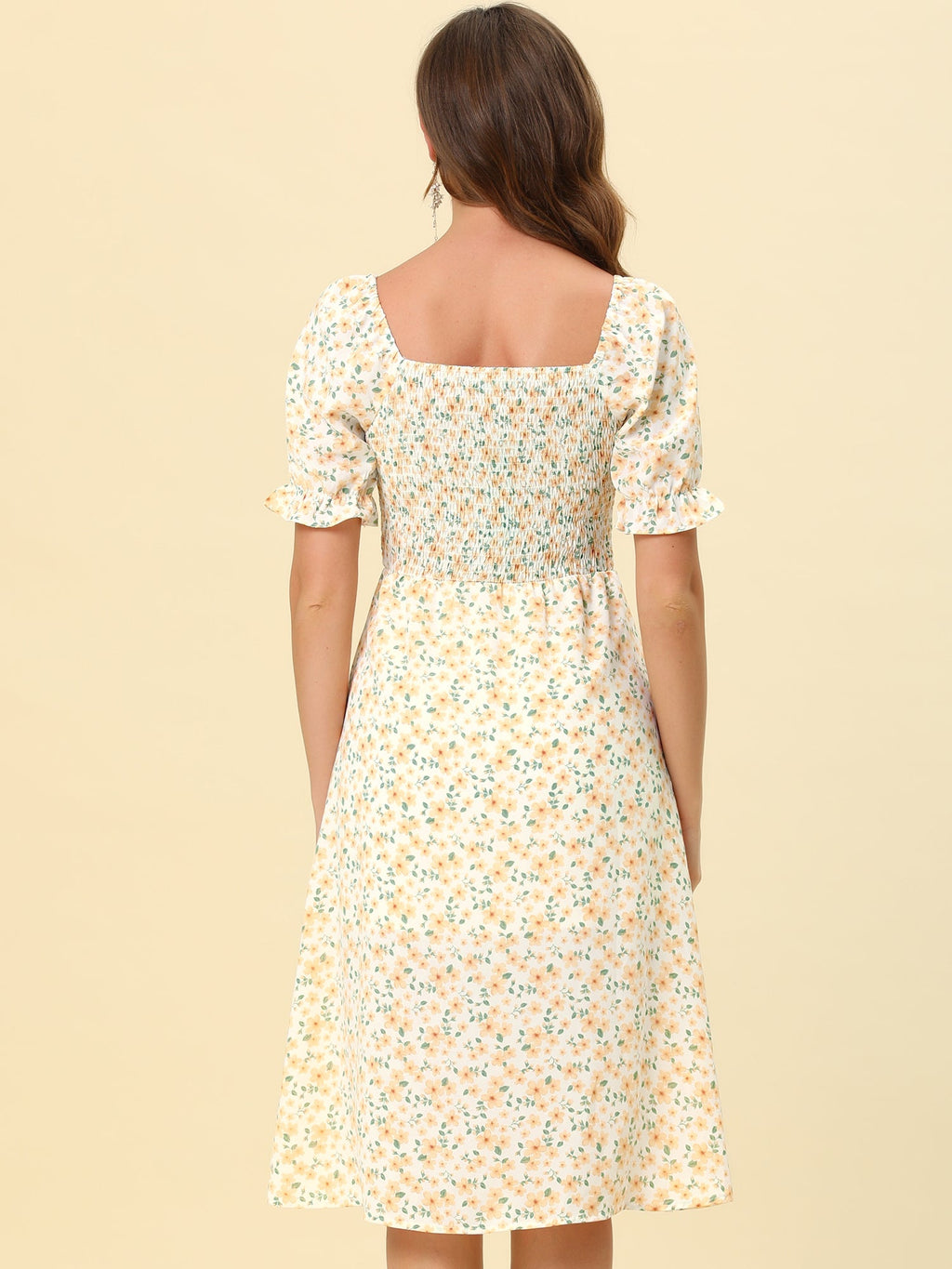 Smocked Floral Square Neck Dress