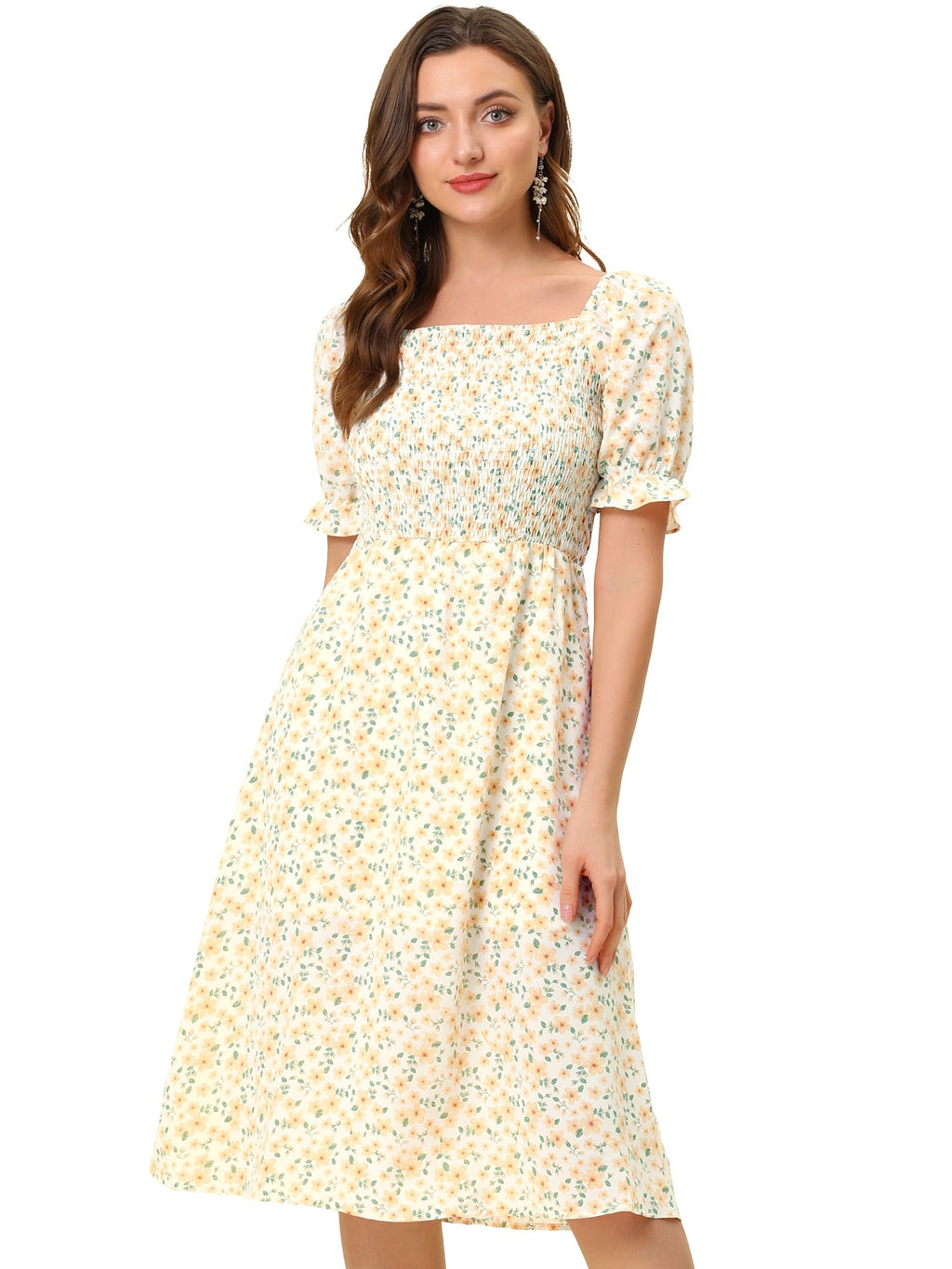 Smocked Floral Square Neck Dress