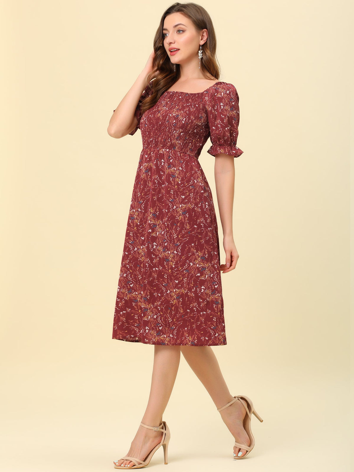 Smocked Floral Square Neck Dress