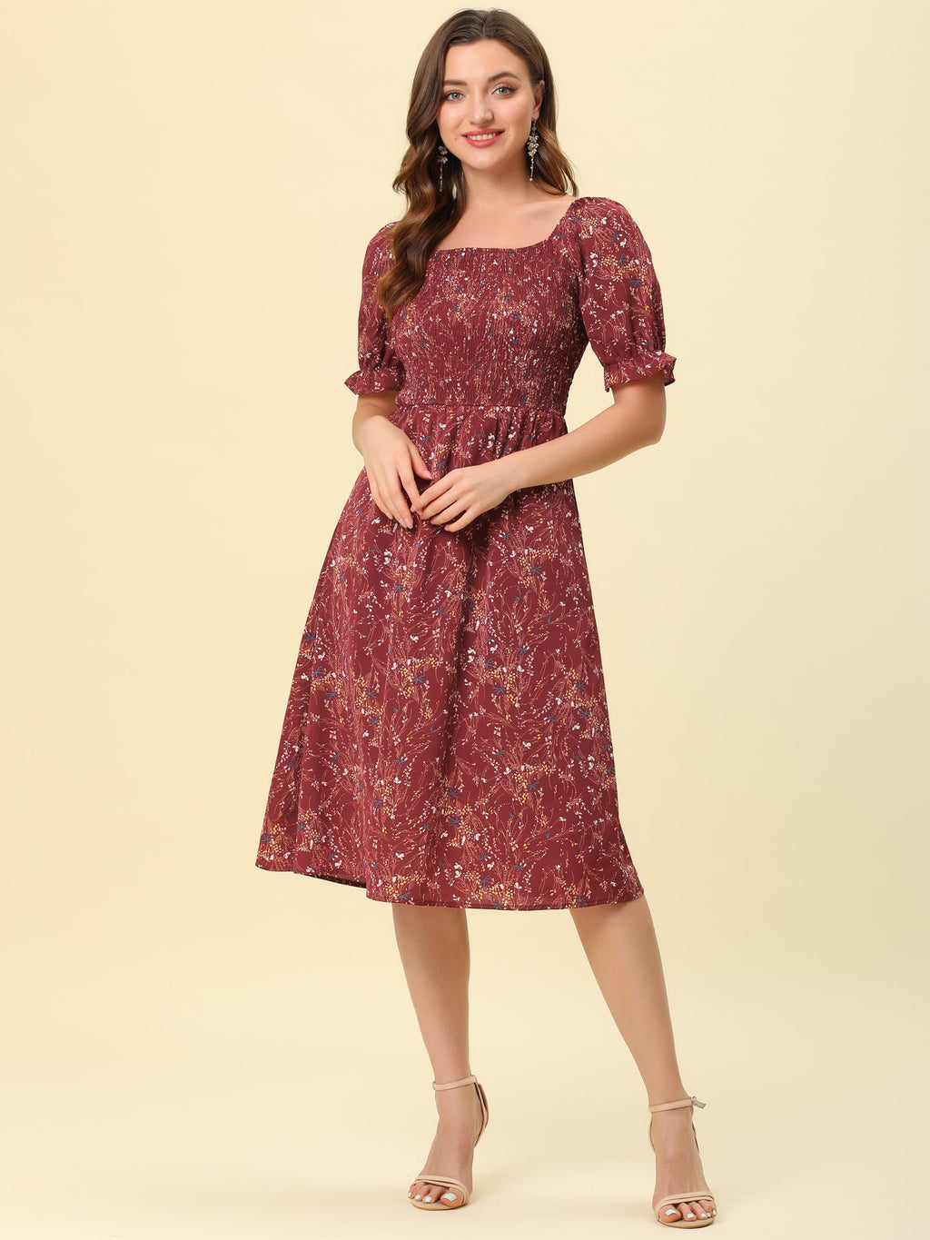 Smocked Floral Square Neck Dress