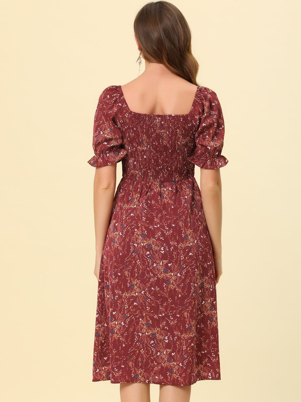 Smocked Floral Square Neck Dress