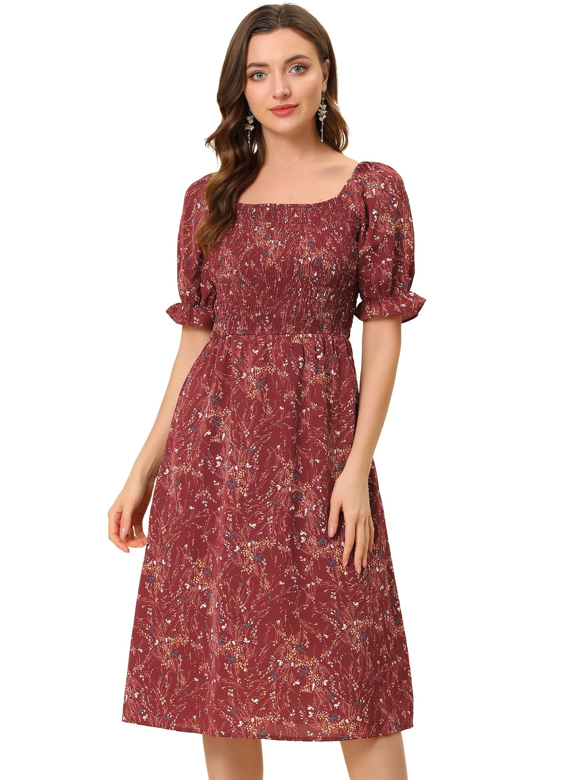 Smocked Floral Square Neck Dress