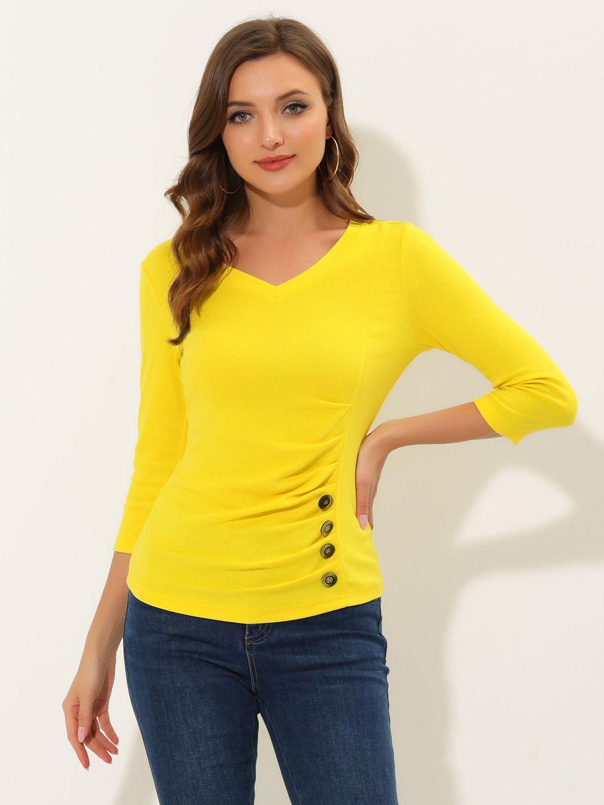 Ruched V-Neck Stretch Blouse