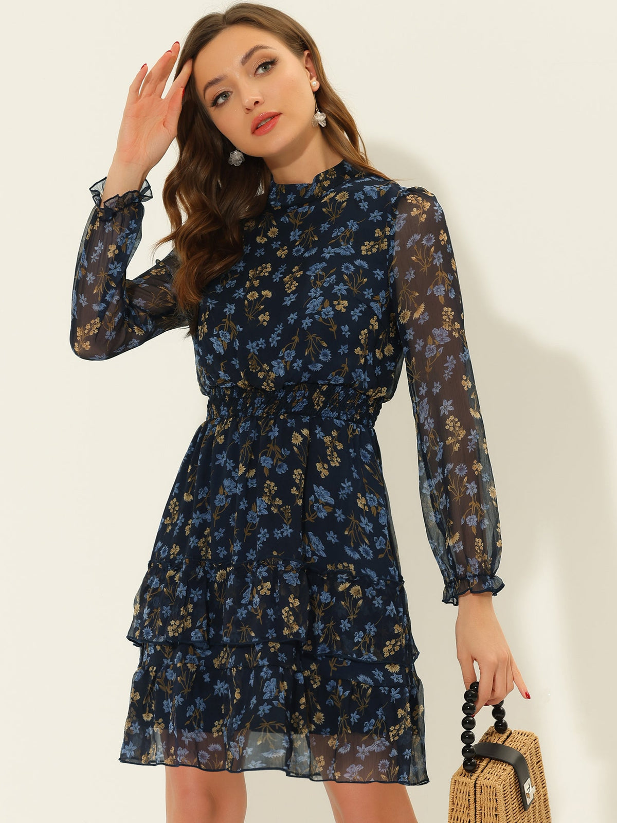 Stand Collar Smocked Chiffon Dress