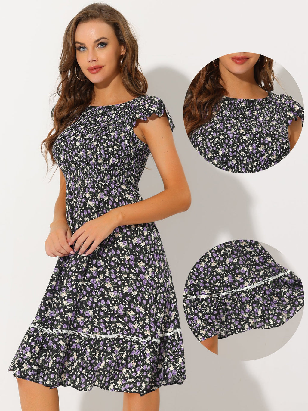 Drape-Smocked Floral Midi Dress