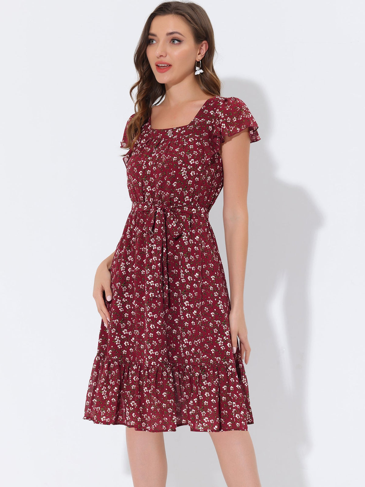 Square Neck Flutter Floral Dress