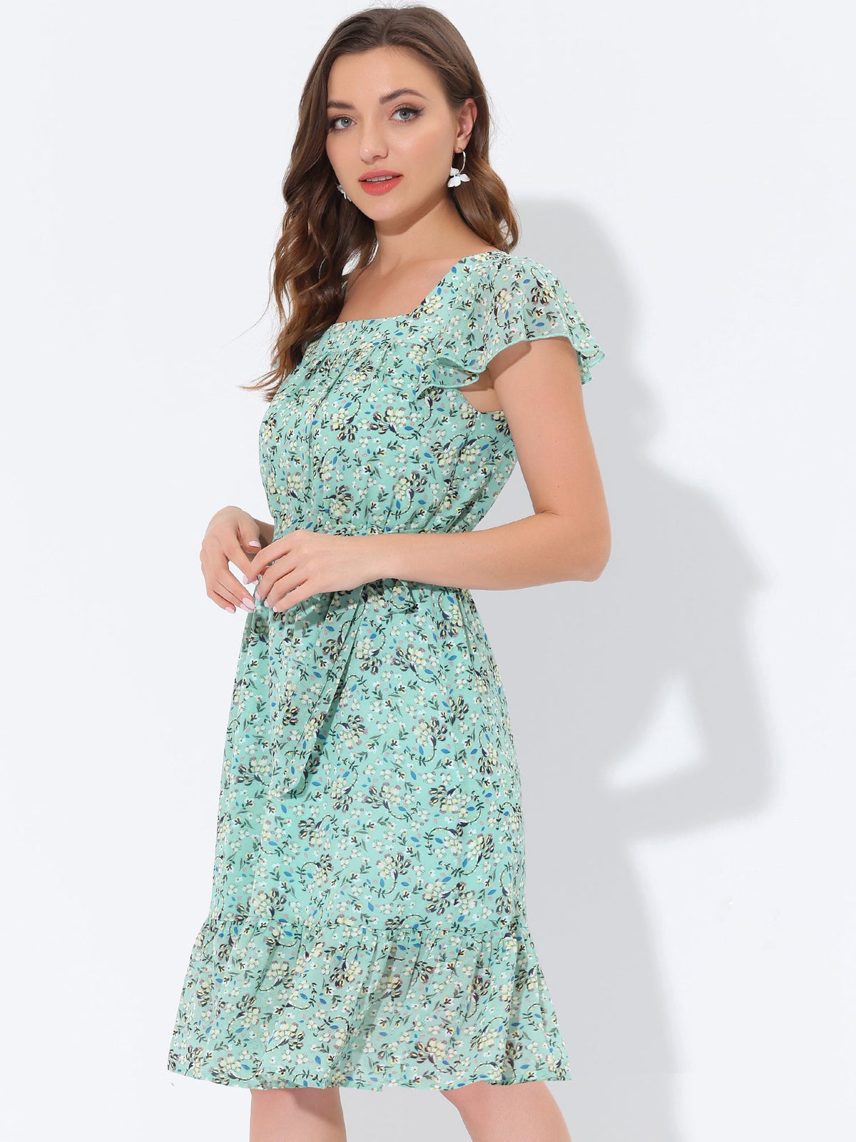Square Neck Flutter Floral Dress