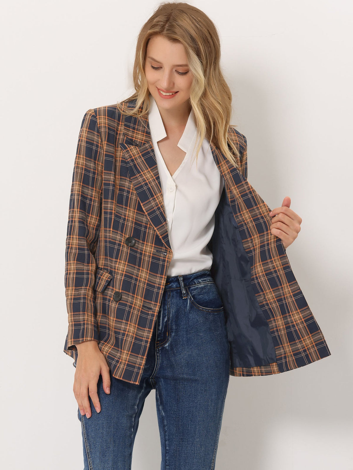 Plaid Padded-Double Breasted Blazer