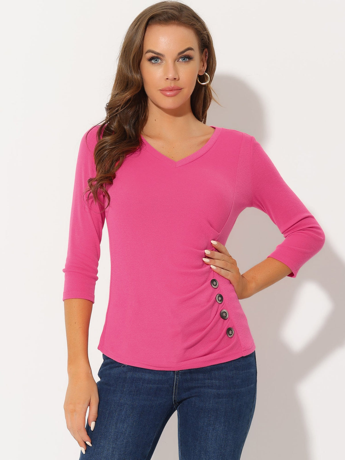 Ruched V-Neck Stretch Blouse