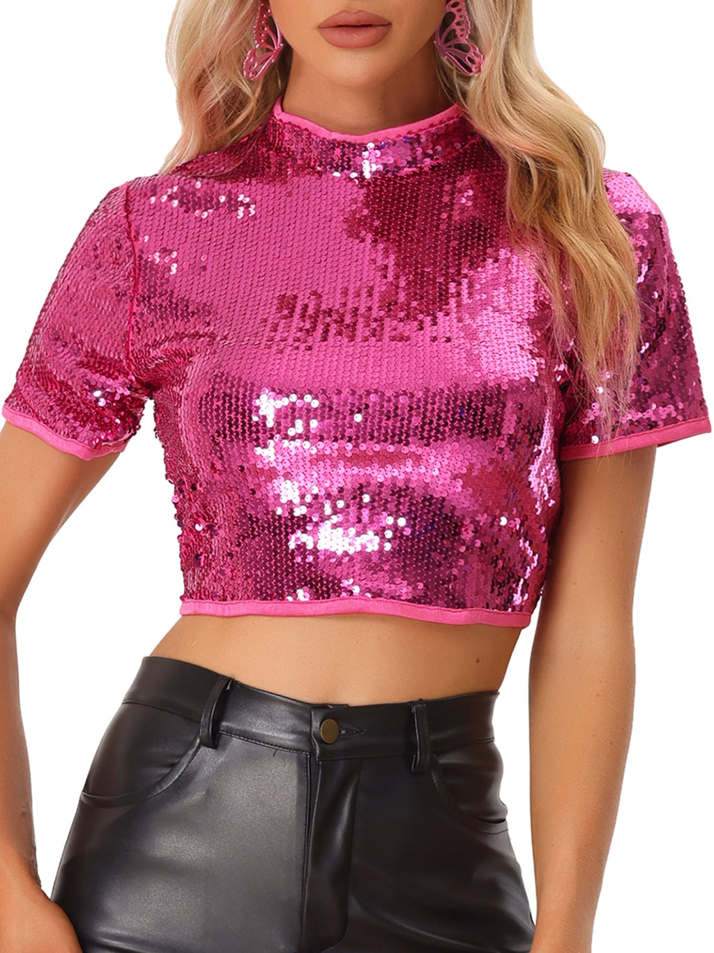 Metallic Sequin Stand Collar Blouse