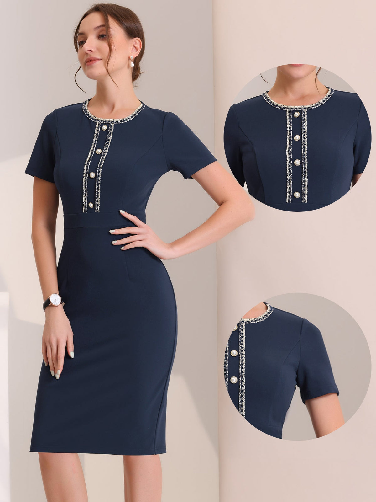 Tweed-Trim Work Dress