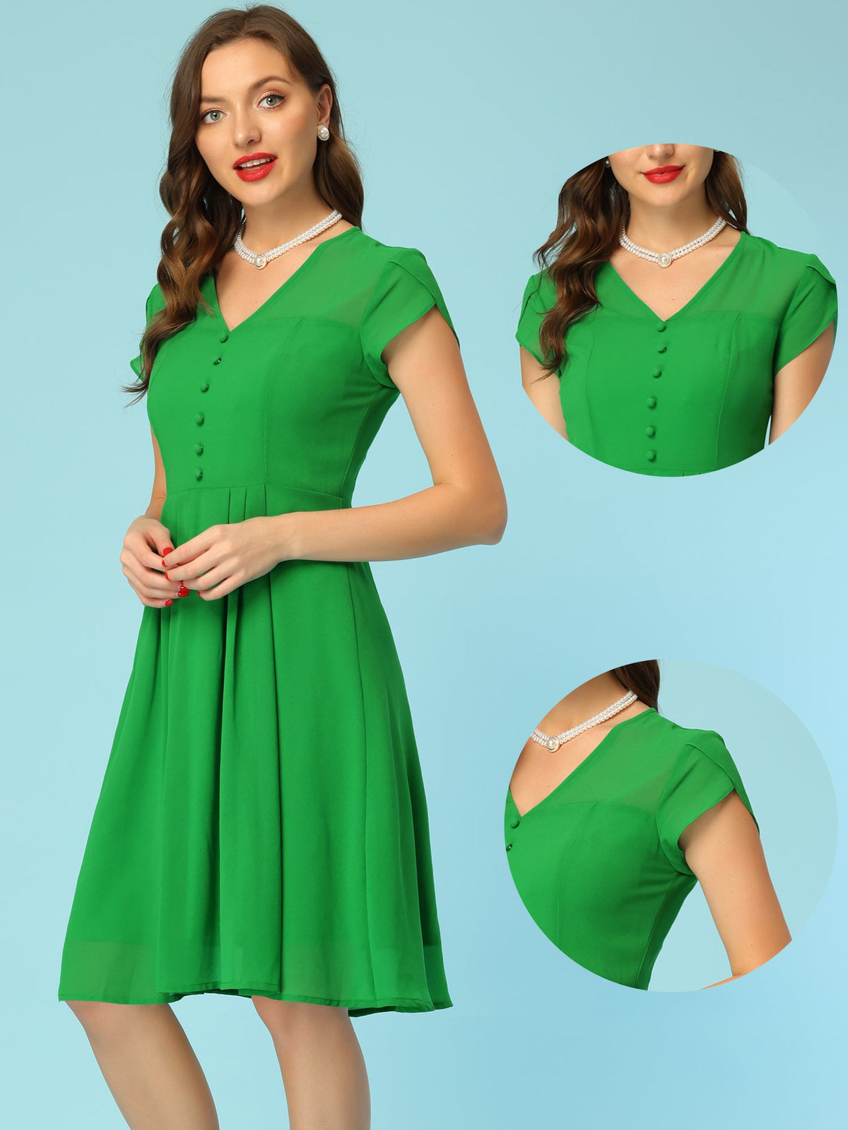 V-Neck High-Waist Chiffon Dress