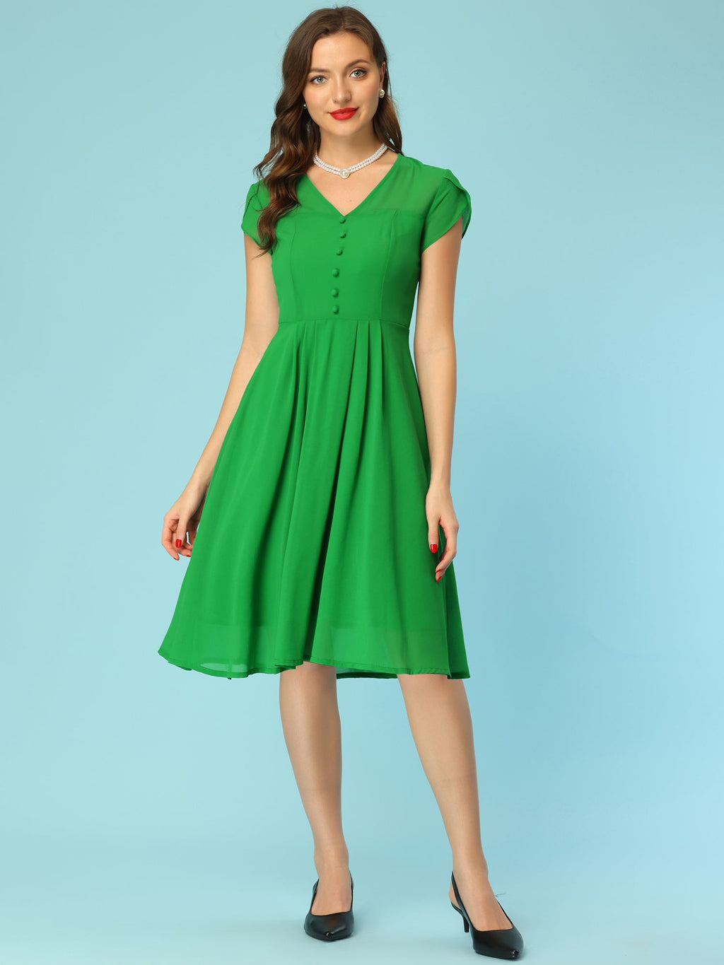 V-Neck High-Waist Chiffon Dress