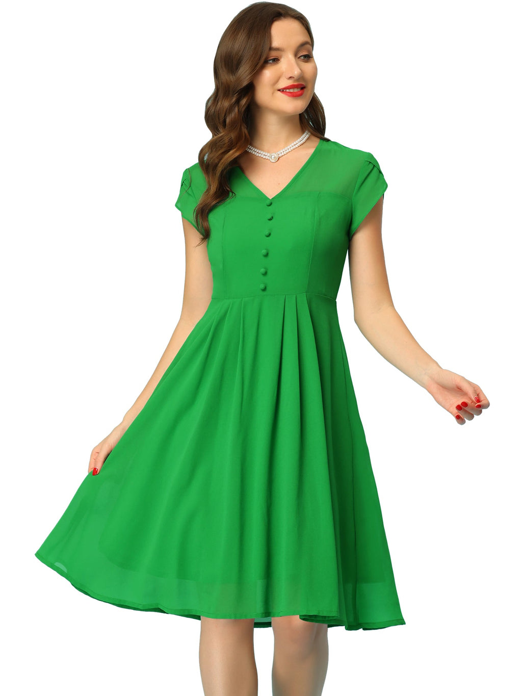 V-Neck High-Waist Chiffon Dress