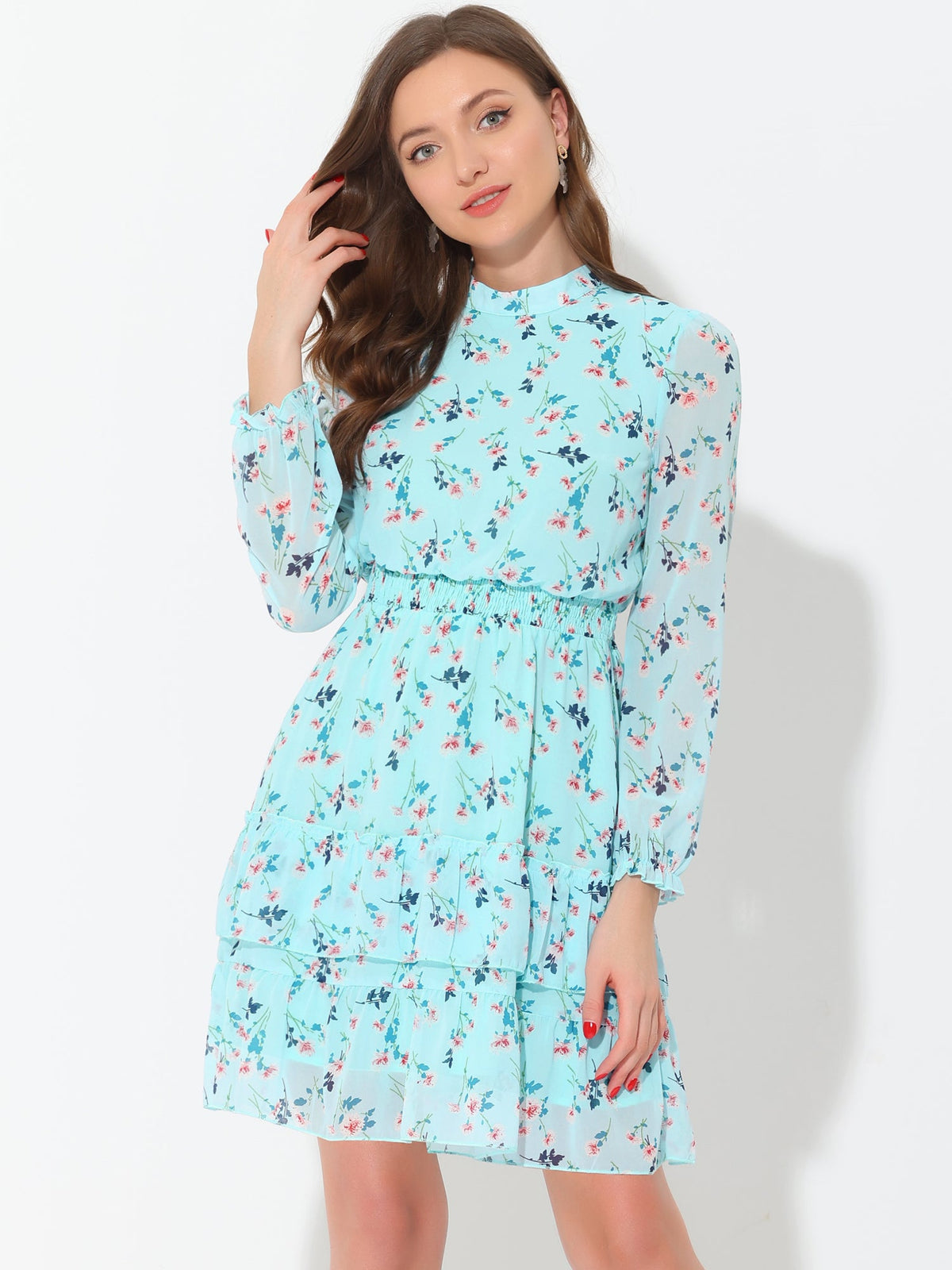 Stand Collar Smocked Chiffon Dress