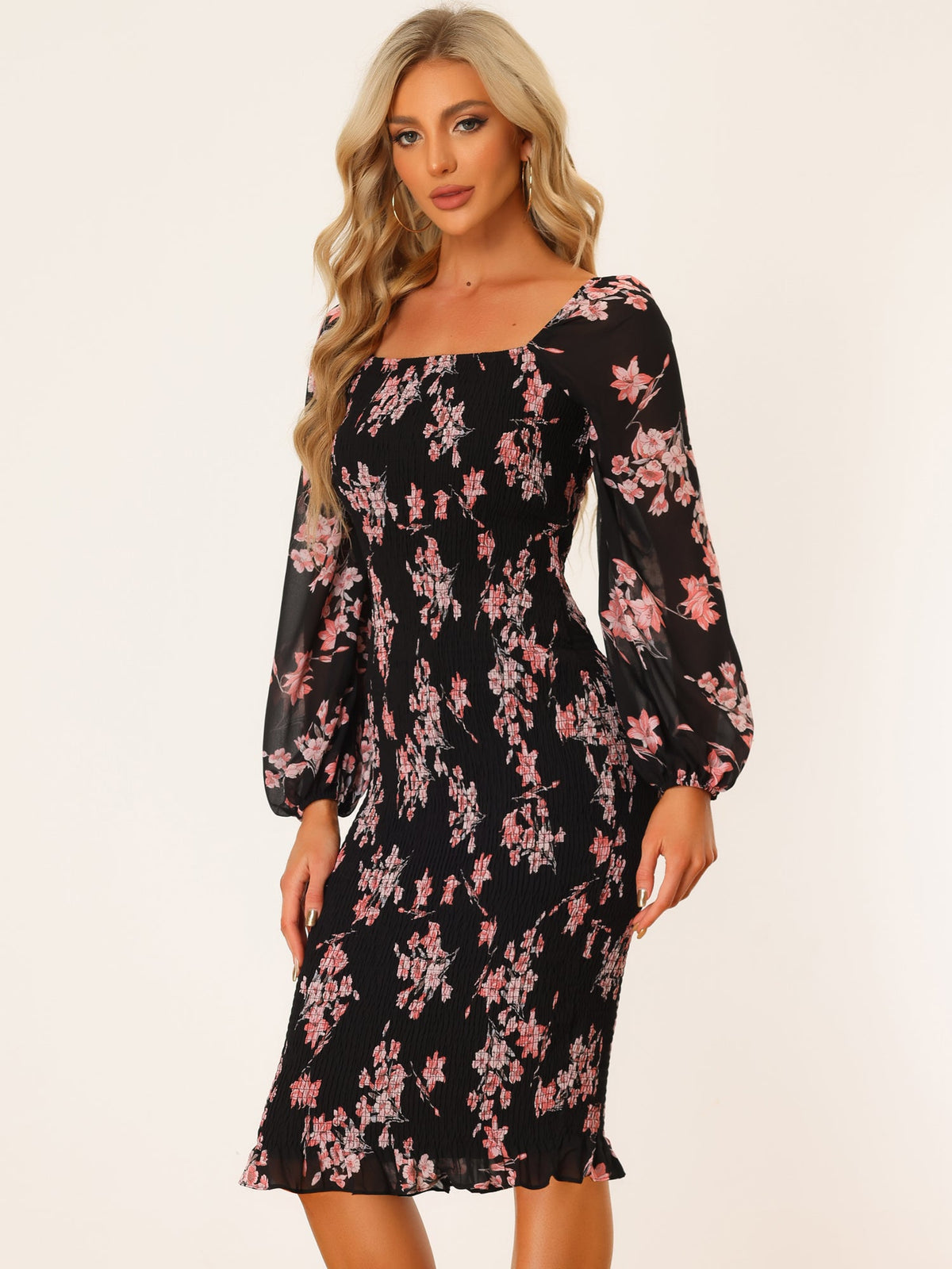Square Neck Lantern Sleeve Mermaid Dress