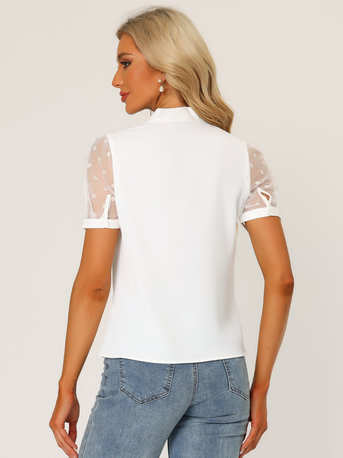 Mesh Sleeve Bow Tie Blouse