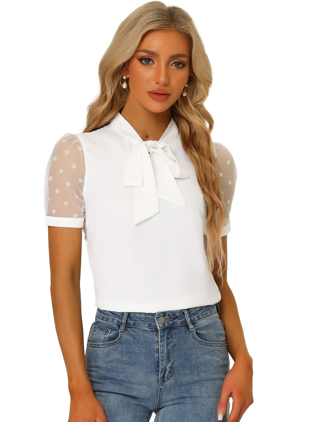 Mesh Sleeve Bow Tie Blouse