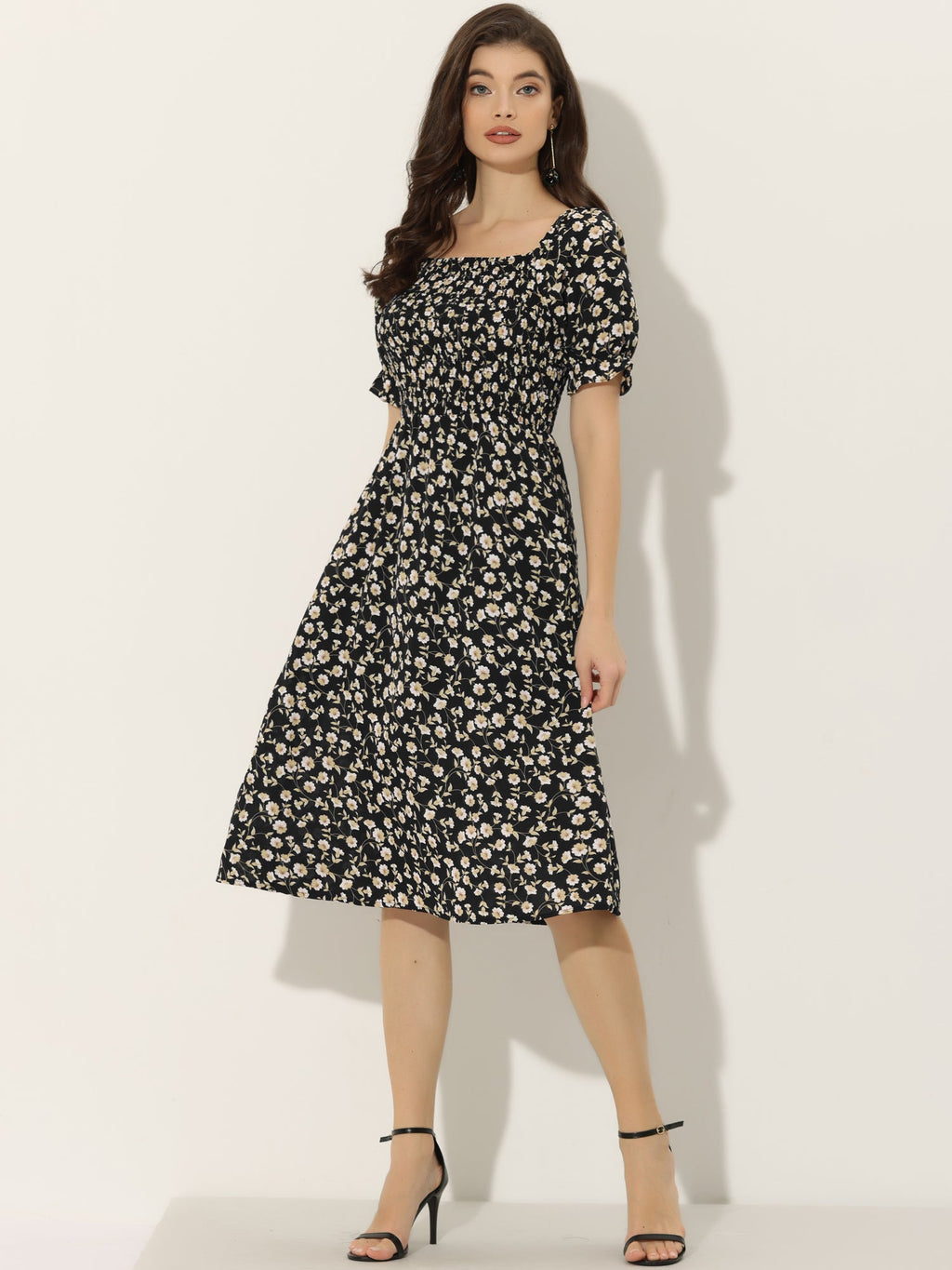 Smocked Floral Square Neck Dress