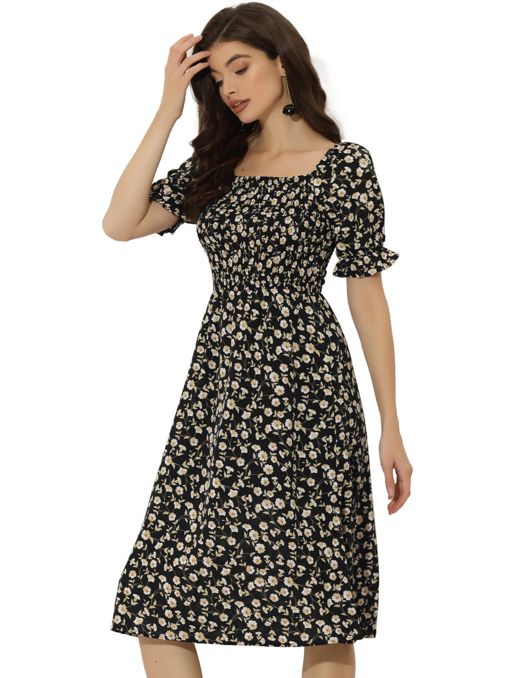 Smocked Floral Square Neck Dress