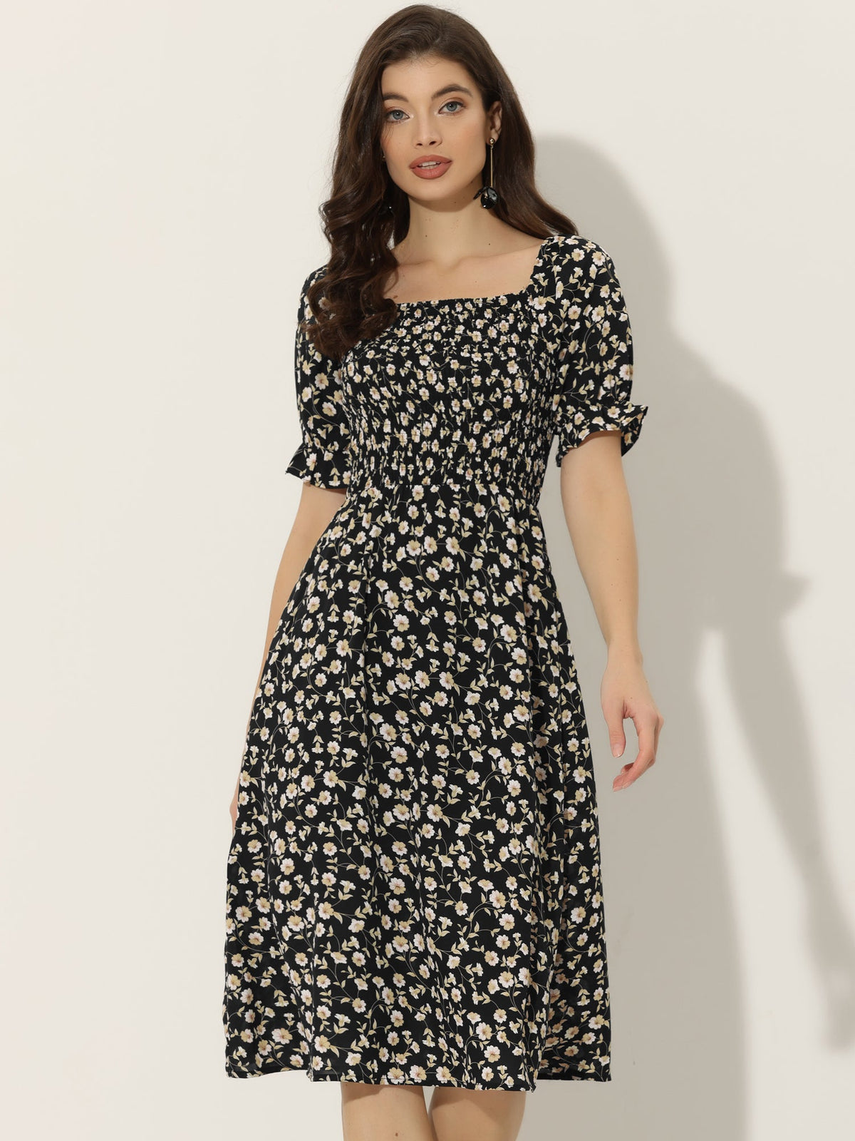 Smocked Floral Square Neck Dress