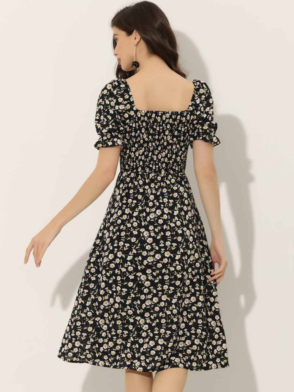 Smocked Floral Square Neck Dress
