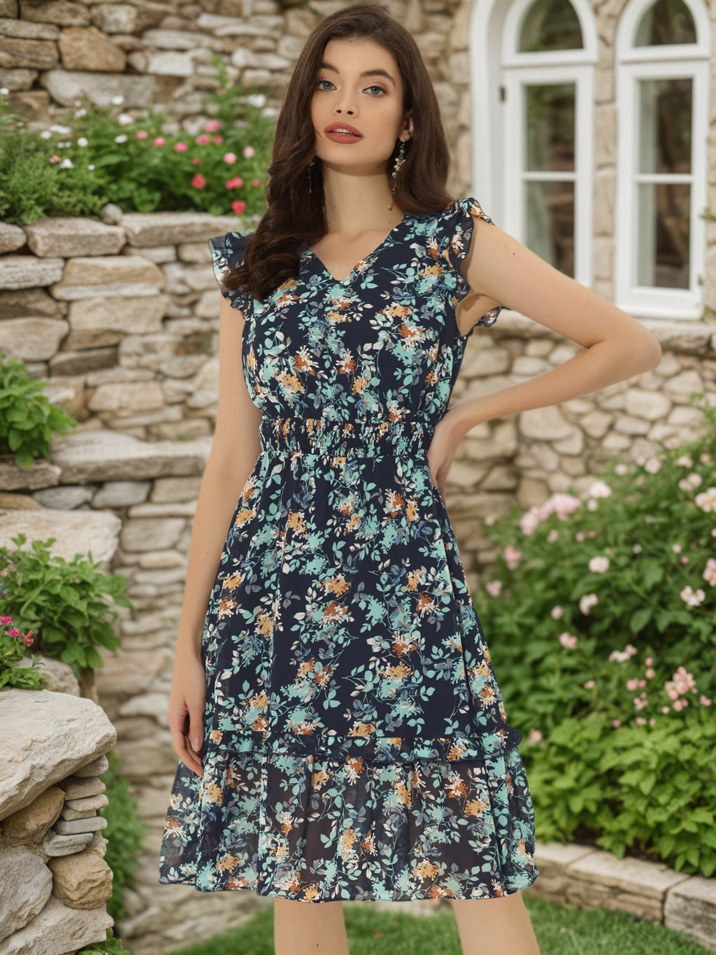 V-Neck Floral Flutter Dress