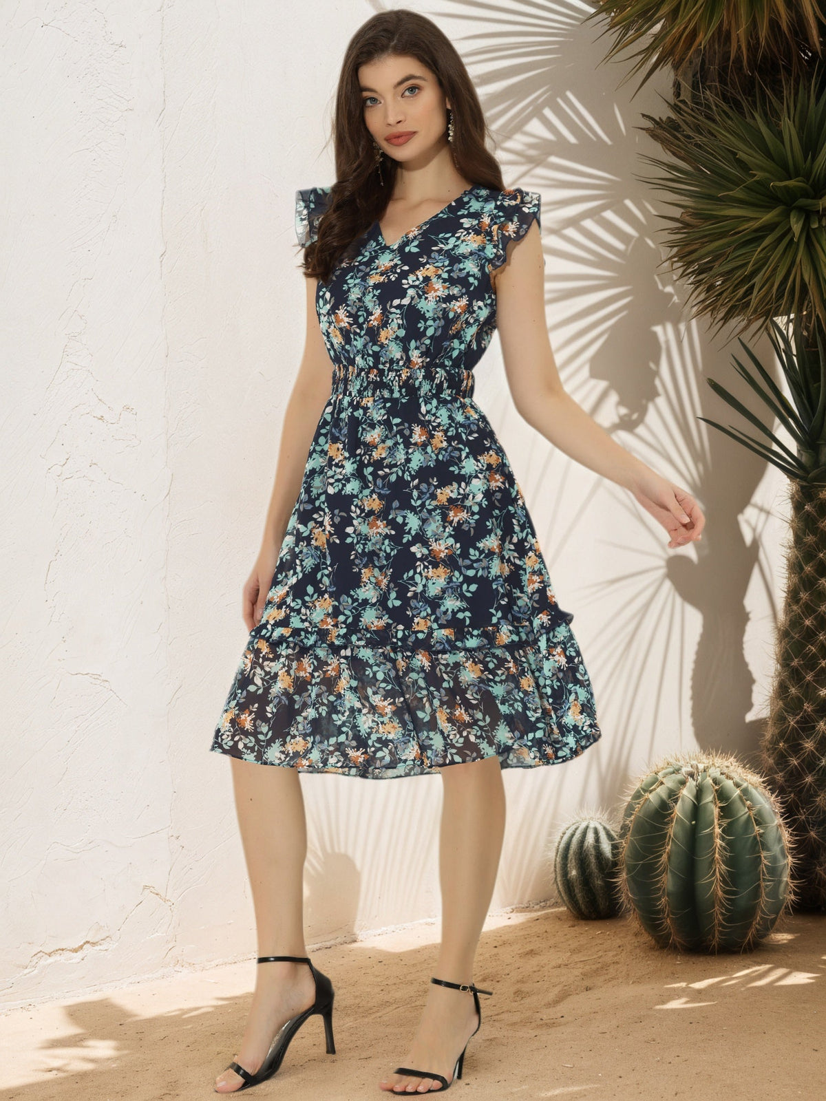 V-Neck Floral Flutter Dress