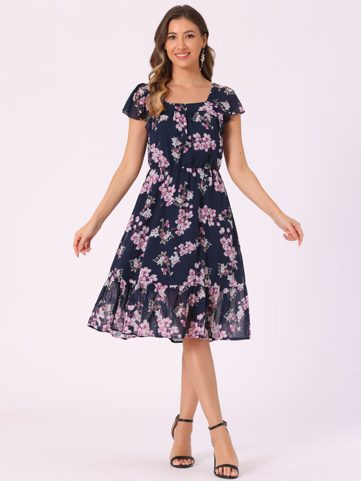 Square Neck Flutter Floral Dress