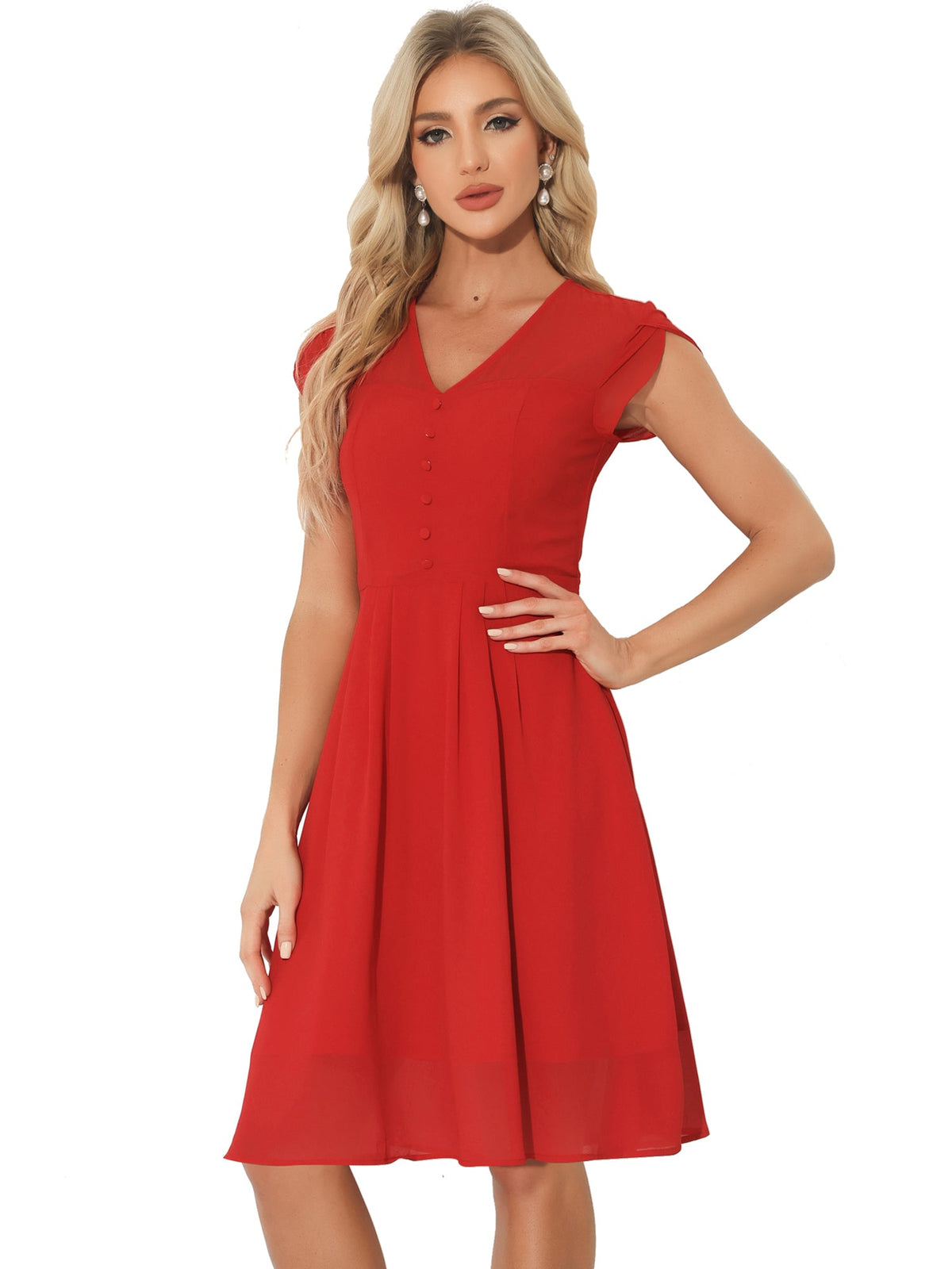 V-Neck High-Waist Chiffon Dress