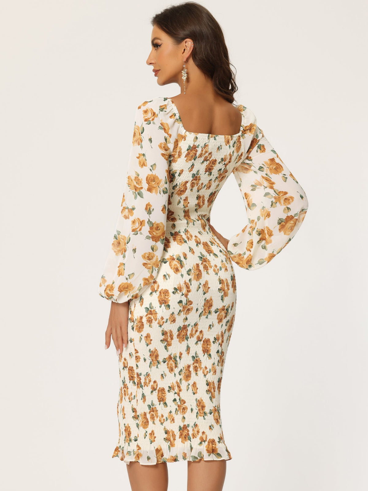 Square Neck Lantern Sleeve Mermaid Dress