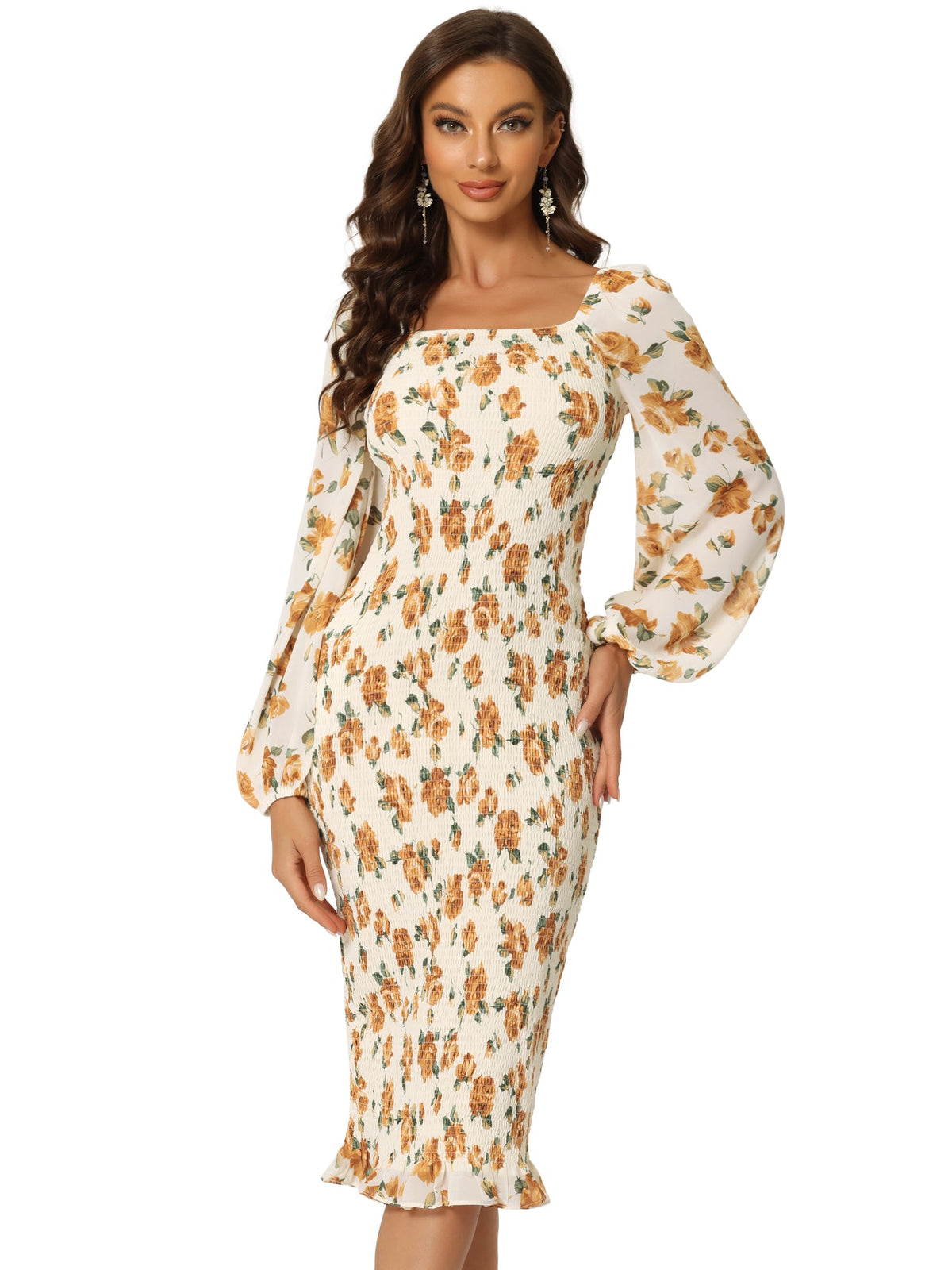 Square Neck Lantern Sleeve Mermaid Dress