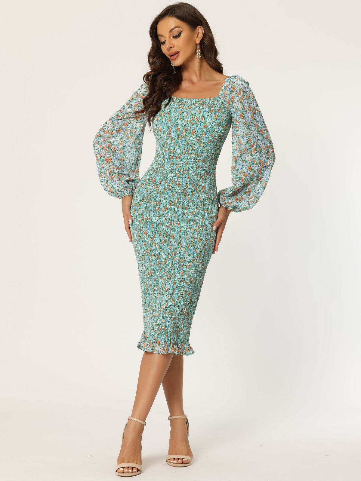 Square Neck Lantern Sleeve Mermaid Dress