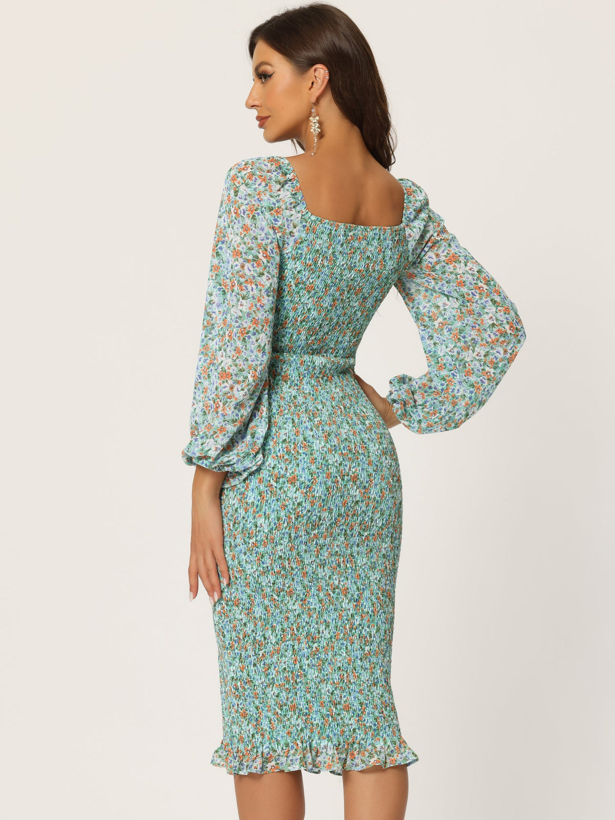 Square Neck Lantern Sleeve Mermaid Dress