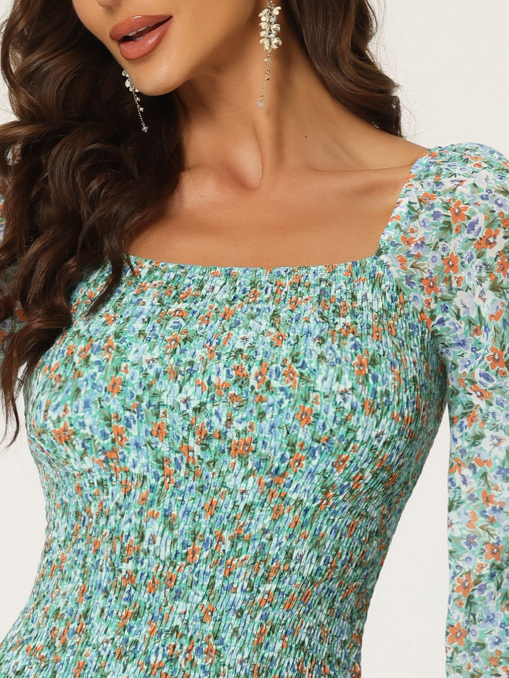 Square Neck Lantern Sleeve Mermaid Dress