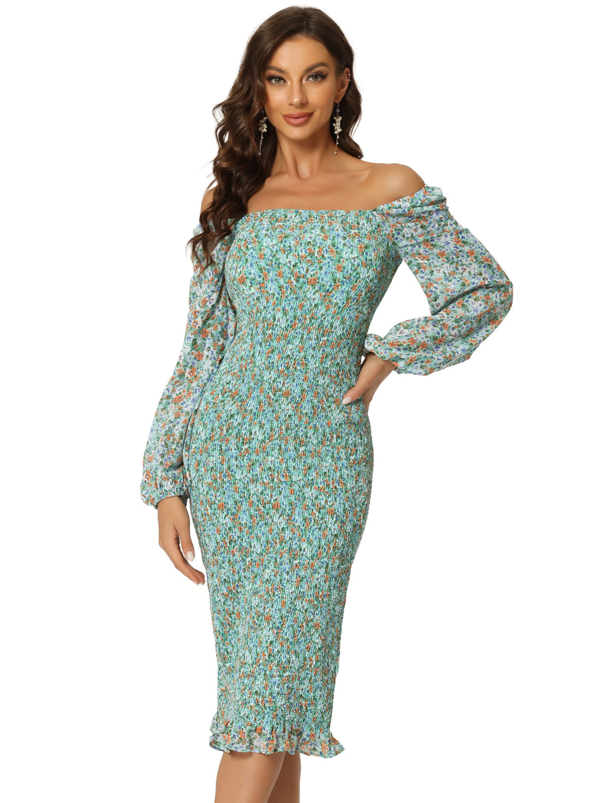 Square Neck Lantern Sleeve Mermaid Dress